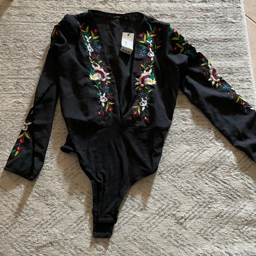 Black Embroidered Flower Bodysuit